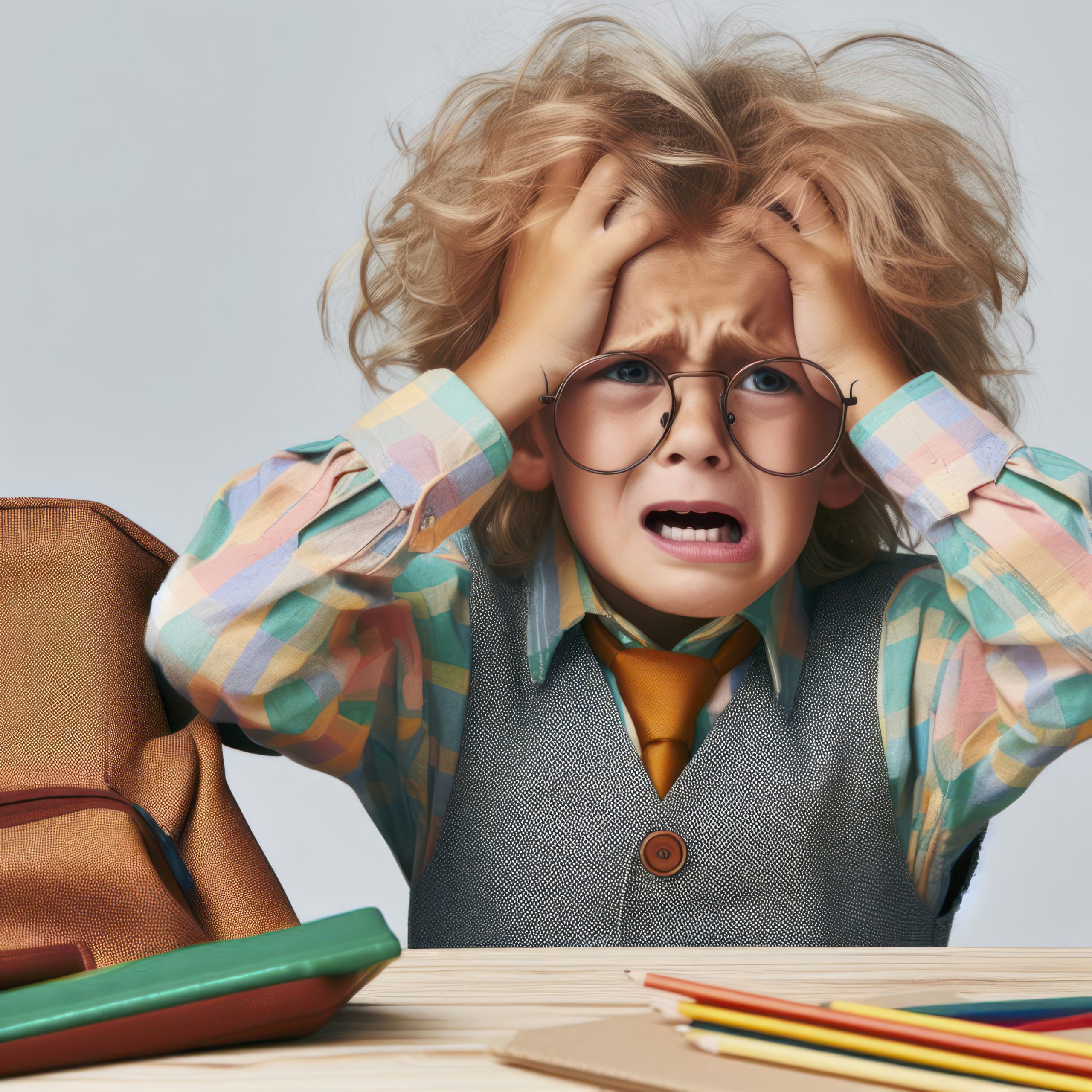 Photo of a Stressed a kindergartener under pressure solid background. ai generative.